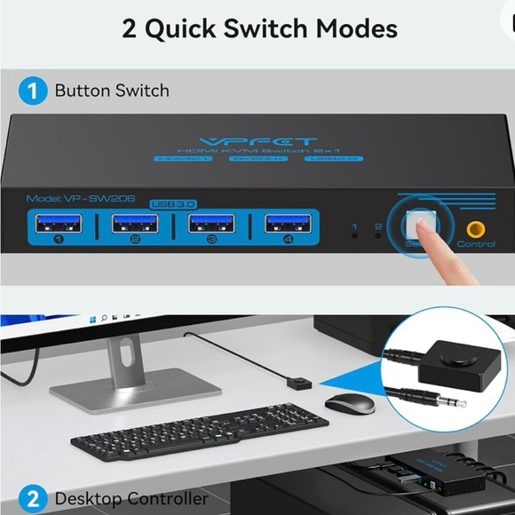 8K HDMI KVM Switch 2 Port - 8K@60Hz 3 USB ports for mouse, keyboard, printer,mic - Picture 5 of 8